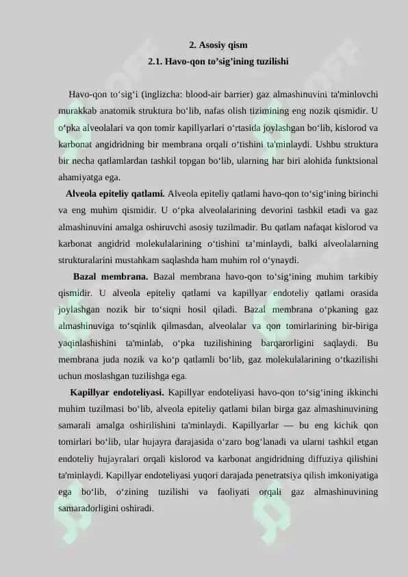 Havo-qon to‘sig‘ining tuzilishi, vazifalari va patologiyasi. Referat 11 bet. 3