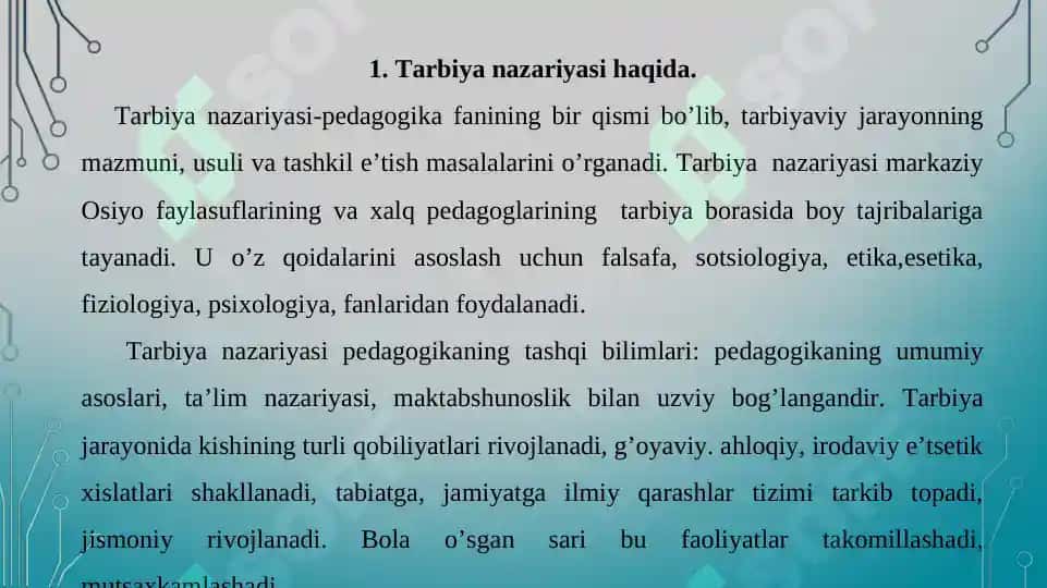 Tarbiya nazariyasi, usullari va turlari. Taqdimot 10 bet. 2