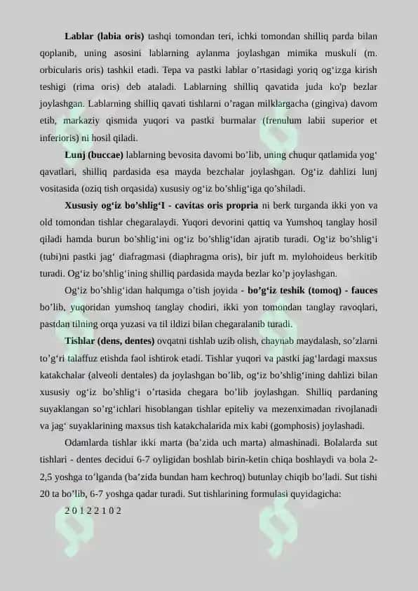 Og'iz bo'shlig'i, tishlar, ularning yoshga qarab o'zgarishi. Til, so'lak bezlari, yumshoq tanglay, ularning yoshga qarab o'zgarishi. Halqum, Pirogov halqasi, ularning yoshga qarab o'zgarishi. Referat 13 bet 3