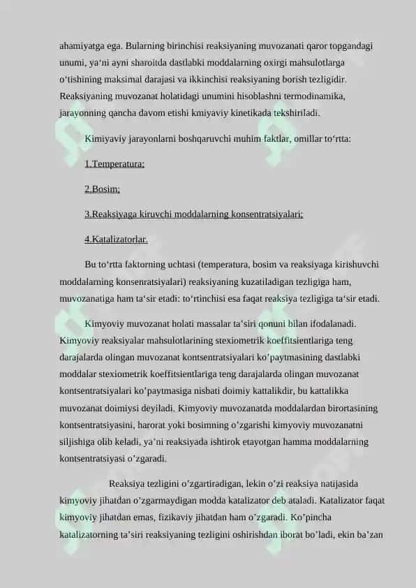 Kimyoviy muvozanat siljishiga ta'sir etuvchi omillar. Gomogen va geterogen kataliz. Referat 30 bet. 4