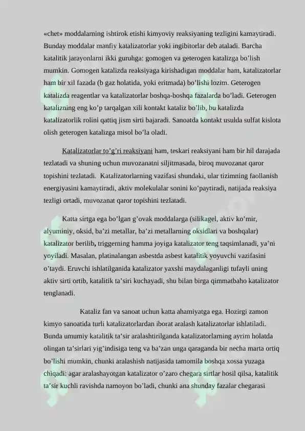 Kimyoviy muvozanat siljishiga ta'sir etuvchi omillar. Gomogen va geterogen kataliz. Referat 30 bet. 5