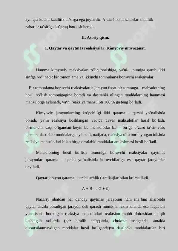 Kimyoviy muvozanat siljishiga ta'sir etuvchi omillar. Gomogen va geterogen kataliz. Referat 30 bet. 6