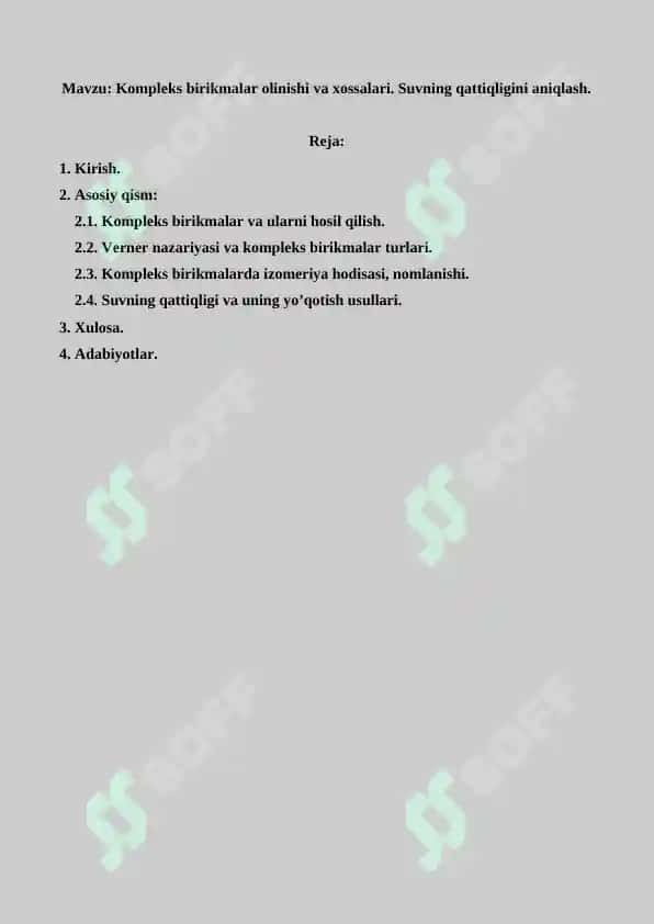 Kompleks birikmalar olinishi va xossalari. Suvning qattiqligini aniqlash. Referat 34 bet. 2