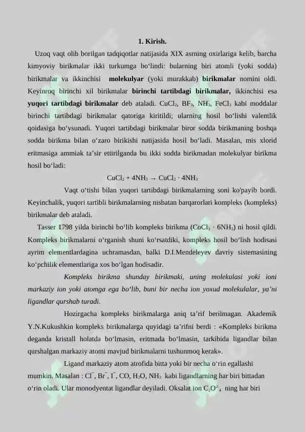 Kompleks birikmalar olinishi va xossalari. Suvning qattiqligini aniqlash. Referat 34 bet. 3