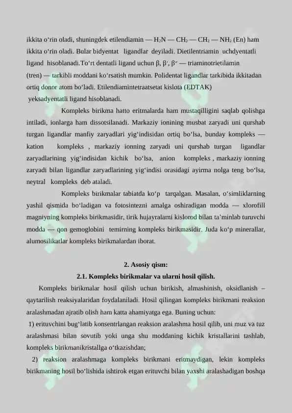 Kompleks birikmalar olinishi va xossalari. Suvning qattiqligini aniqlash. Referat 34 bet. 4