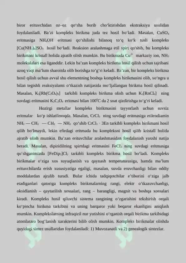 Kompleks birikmalar olinishi va xossalari. Suvning qattiqligini aniqlash. Referat 34 bet. 5