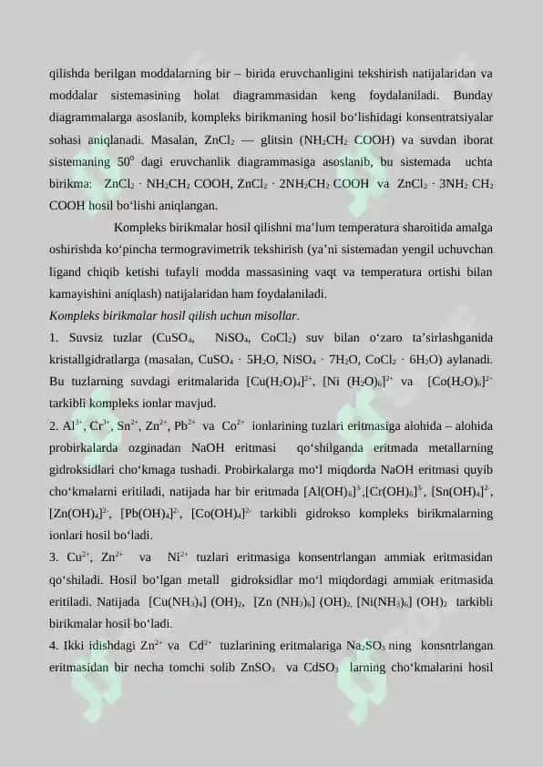 Kompleks birikmalar olinishi va xossalari. Suvning qattiqligini aniqlash. Referat 34 bet. 7