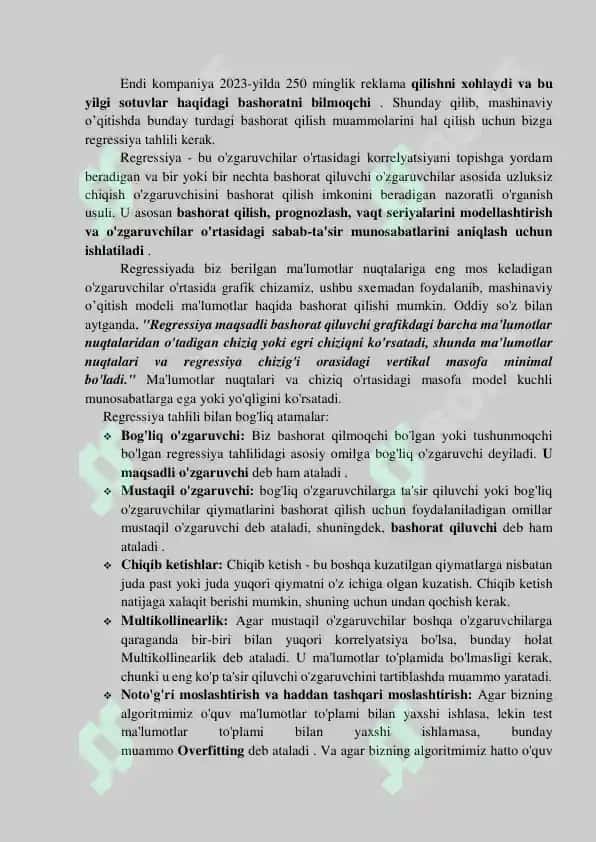 Mashinaviy o'qitishda regressiya tahlili 2