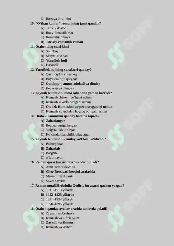 “O‘tkan kunlar” romanidan testlar 2