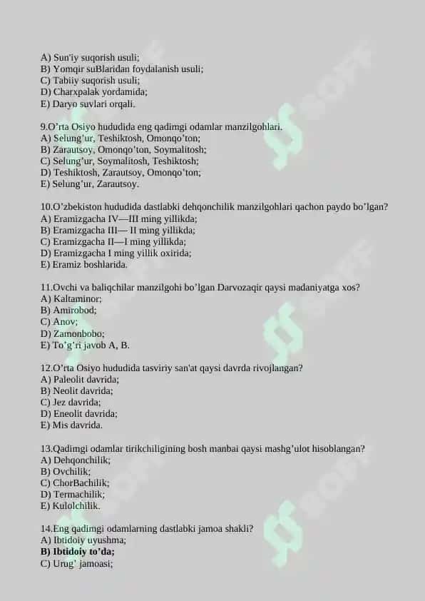 TARIX fanidan test savollari 2
