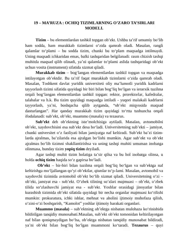 Ochiq tizimlarning o’zaro ta’sirlari modeli