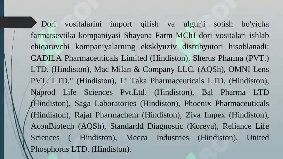 Shayana Farm farmatsevtika kompaniyasi. Taqdimot 10 bet. 4