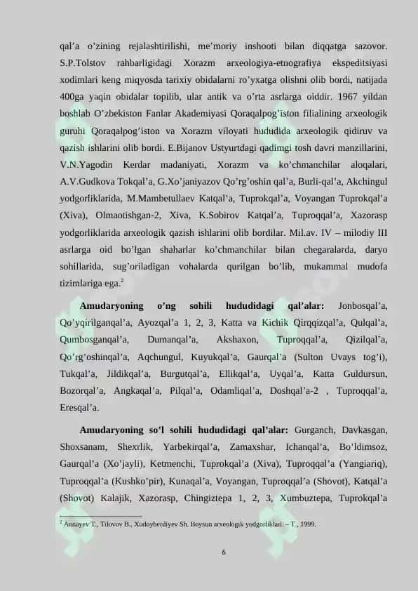 O‘rta osiyoning antik davri arxeologik yodgorliklari va ularning tarixiy o‘lkashunoslikni o‘rganishdagi o‘rni 6