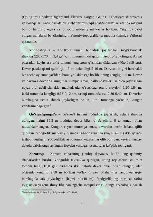 O‘rta osiyoning antik davri arxeologik yodgorliklari va ularning tarixiy o‘lkashunoslikni o‘rganishdagi o‘rni 7