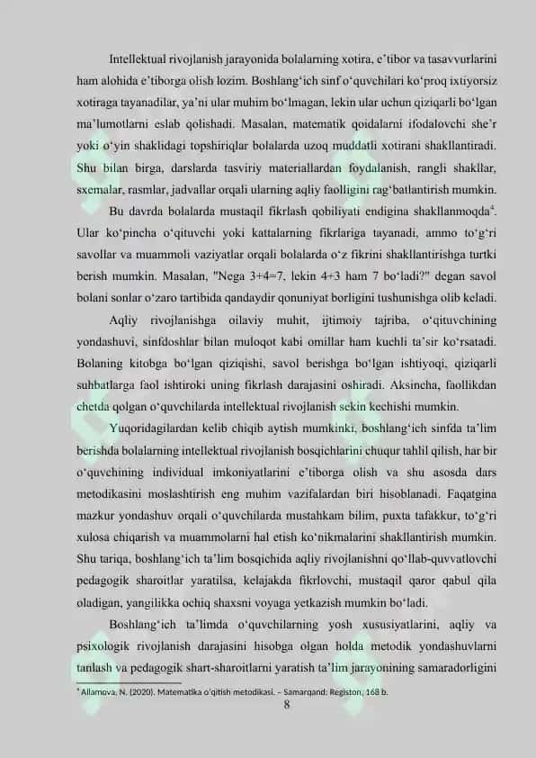 Boshlang‘ich sinf o’quvchilarining matematik tafakkurini shakllantirishda matematika o’qitishning ahamiyati 8