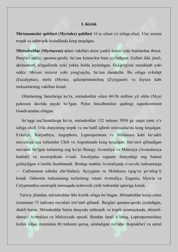 Mirtanamolar qabilasi, oilalari, tavsifi va asosiy turlari. Referat 16 bet. 3