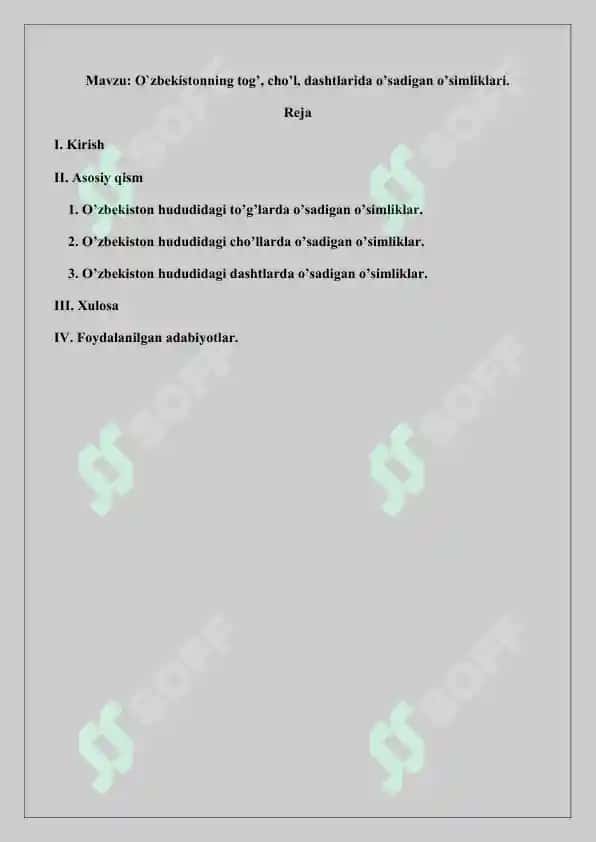 O`zbekistonning tog’, cho’l, dashtlarida o’sadigan o’simliklari. Referat 14 bet. 2