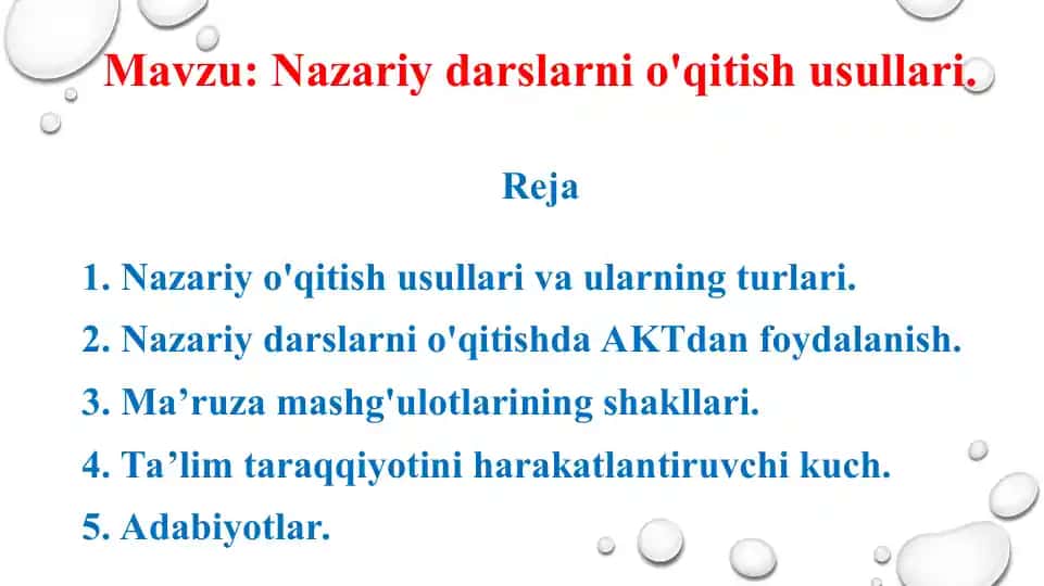 Nazariy darslarni o'qitish usullari.  Ma'ruza taqdimoti 15 bet.