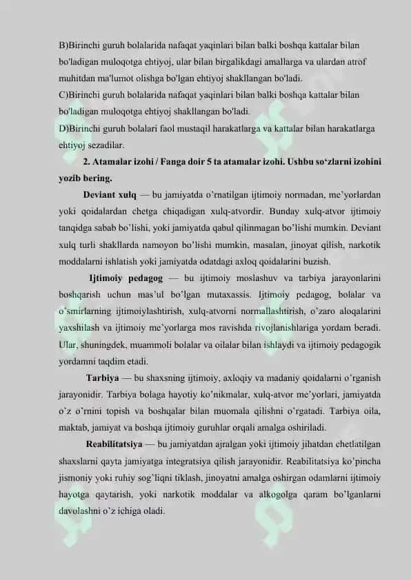 Bolalarni ijtimoiylahsuvi fanidan topshiriqlar va javoblar 2