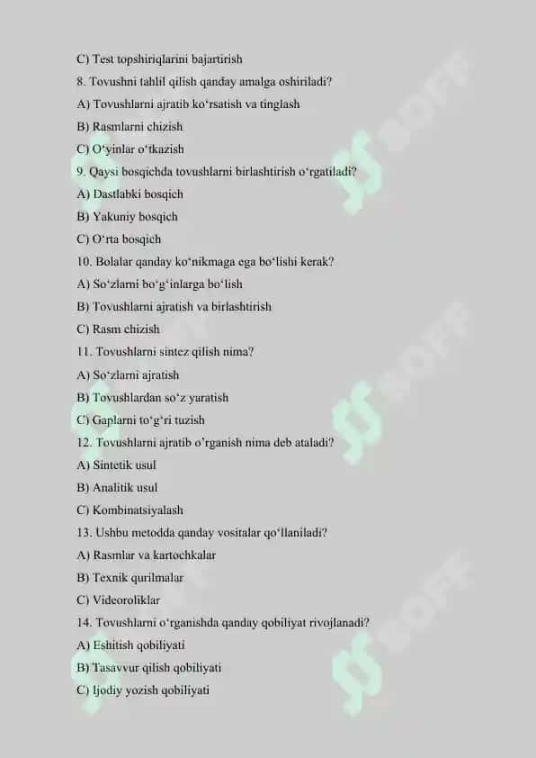 Analitik-sintetik tovush metodi va uning tamoyillari mavzusida test savollari 2