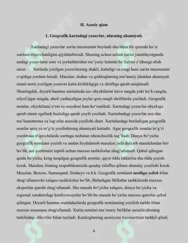 Geografik kartadagi yozuvlar turlari, xususiyatlari, toponimika haqida tushuncha. Kurs ishi 41 bet. 6