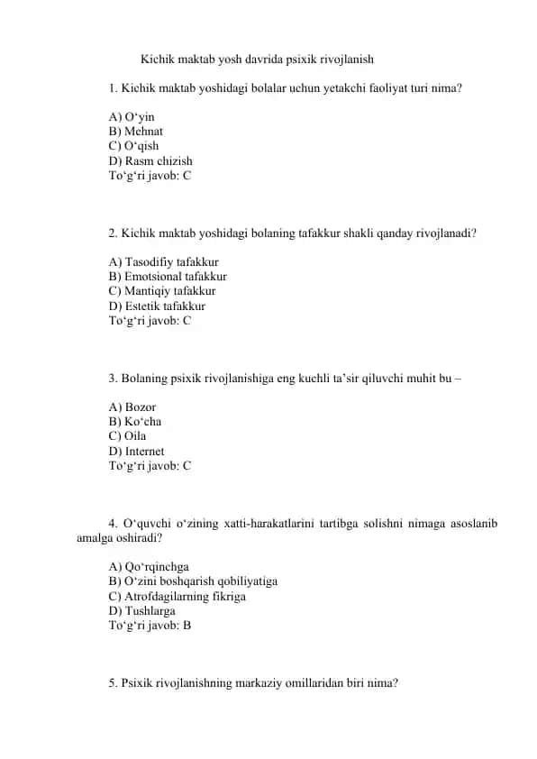 Kichik maktab yosh davrida psixik rivojlanish testlar