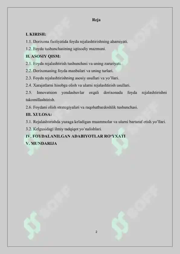 Dorixona sof foydasini rejalashtirish. Kurs ishi 30 bet. 2