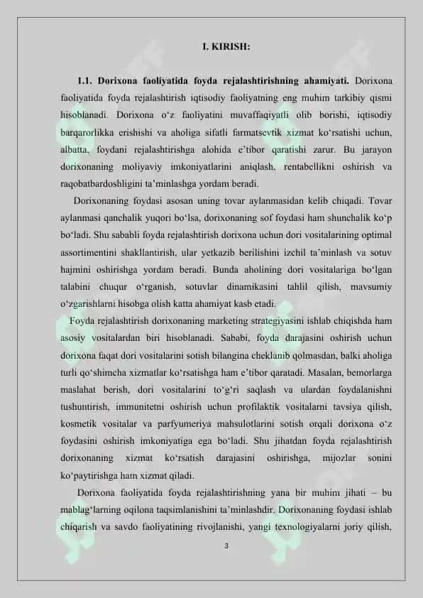 Dorixona sof foydasini rejalashtirish. Kurs ishi 30 bet. 3