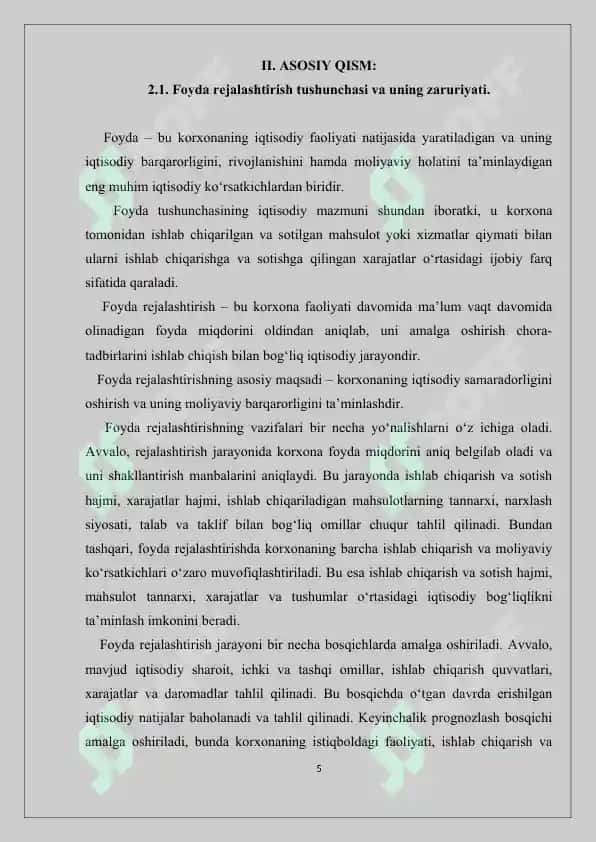 Dorixona sof foydasini rejalashtirish. Kurs ishi 30 bet. 5