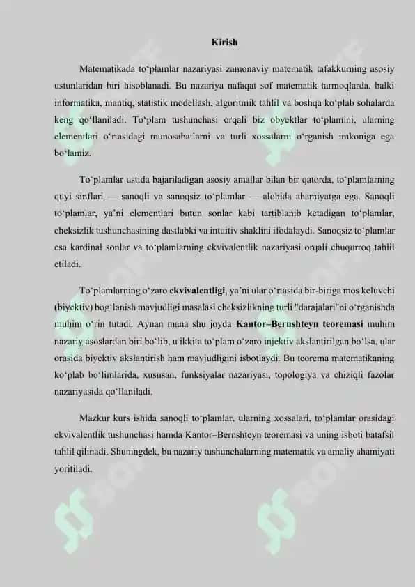 Sanoqli to’plamlar. To’plamlarning ekvivalentligi. Kantor-Bernshteyn teoremasi 3