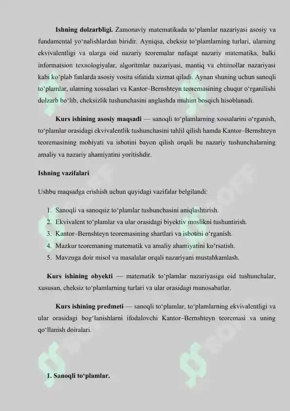 Sanoqli to’plamlar. To’plamlarning ekvivalentligi. Kantor-Bernshteyn teoremasi 4