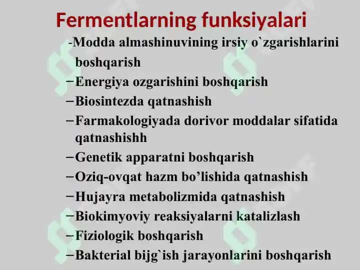 Fermentlar, ularning tuzilishi, xossalari va funksiyalari 5