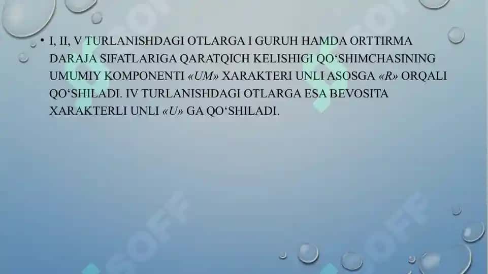 I-V turlanishdagi otlarning va I-III turlanishdagi sifatlarning Bosh kelishik ko‘plik (Nominativus pluralis) qo‘shimchalari. IV va V turlanishdagi otlarning va I-III turlanishdagi sifatlarning qaratqich kelishik ko’plik (Genetivus pluralis) qo’shimchalari. 6