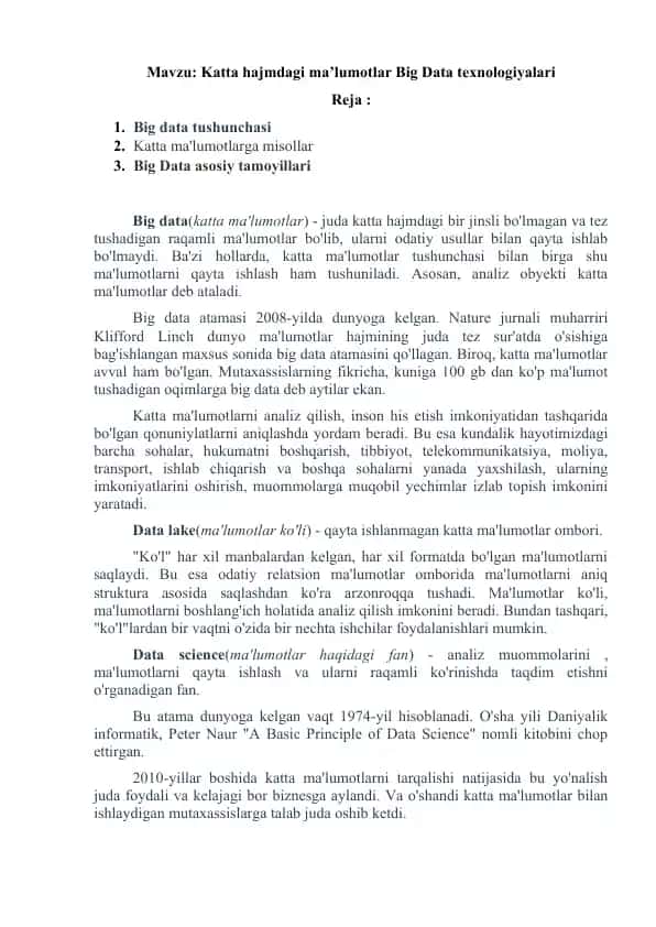 Katta hajmdagi ma’lumotlar Big Data texnologiyalari 1