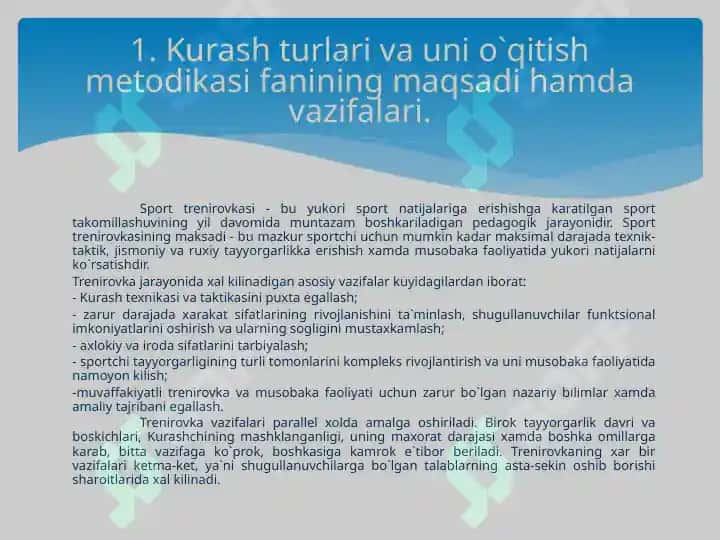 Kurash turlari va uni o`qitish metodikasi fanining maqsadi hamda vazifalari 2
