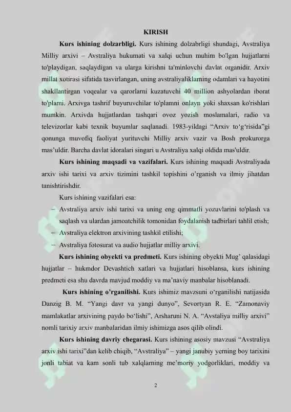 AVSTRALIYA ARXIV ISHI TARIXI 2