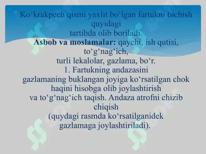Mehnat darslarida ish fartugini tikish mavzusida tayyorlagan taqdimoti 2