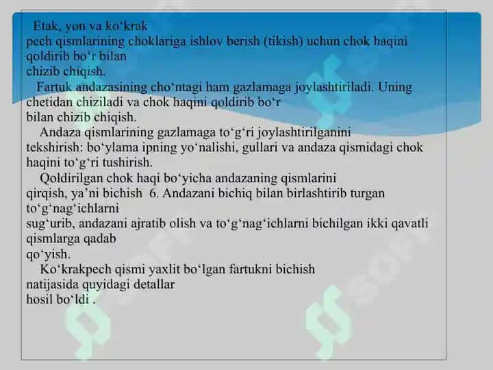 Mehnat darslarida ish fartugini tikish mavzusida tayyorlagan taqdimoti 4
