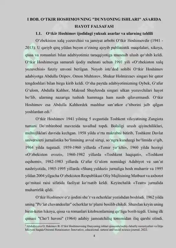 O‘tkir Hoshimovning "Dunyoning ishlari" va Ernest Xemingueyning "Chol va dengiz" asarlarida hayot falsafasi 4