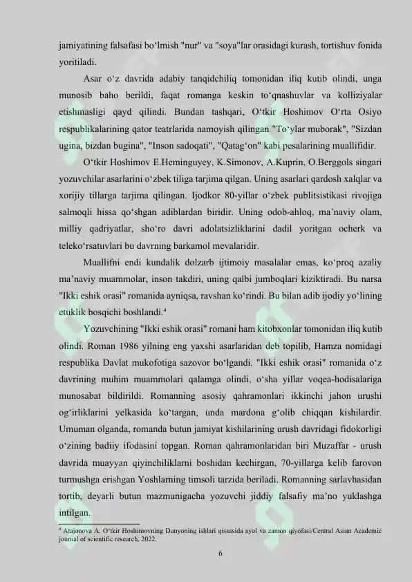 O‘tkir Hoshimovning "Dunyoning ishlari" va Ernest Xemingueyning "Chol va dengiz" asarlarida hayot falsafasi 6