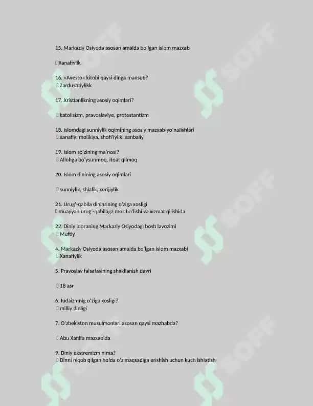 dinshunoslik fanidan yakuniy nazorat uchun x variant 2