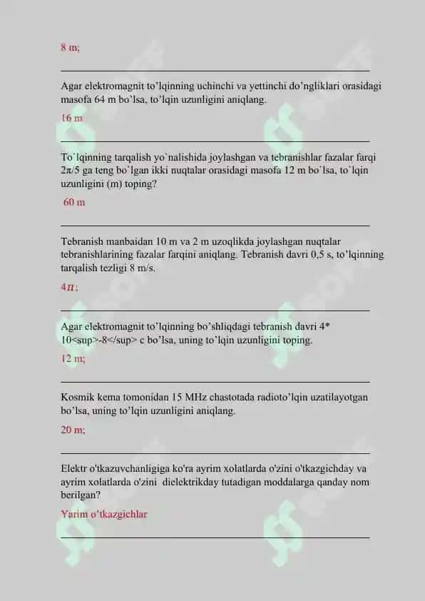 fizika fanidan test va javoblar 8