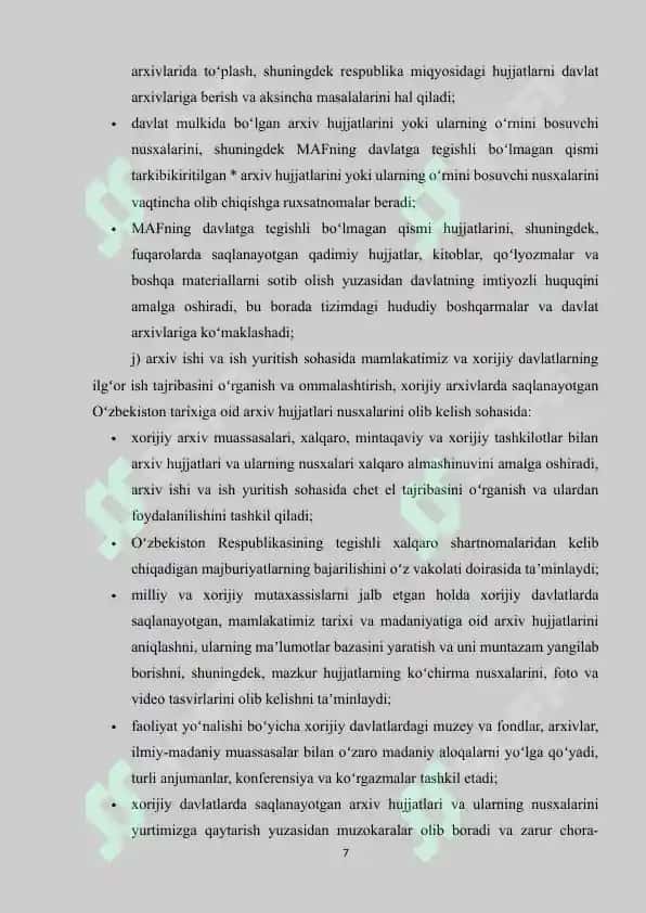 O‘ZBEKISTON RESPUBLIKASI “O‘ZARXIV AGENTLIGI”NING YEVROOSIYO HUDUDIY BO'LIMIGA A’ZO BO‘LISHI VA YEVROOSIYODAGI ARXIV KENGASHI YIG‘ILISHLARIDAGI ISHTIROKLARI 7