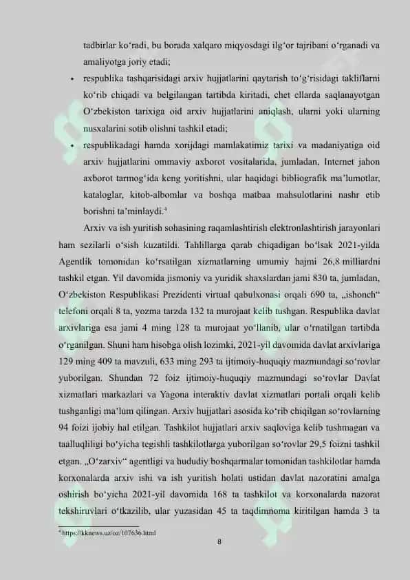 O‘ZBEKISTON RESPUBLIKASI “O‘ZARXIV AGENTLIGI”NING YEVROOSIYO HUDUDIY BO'LIMIGA A’ZO BO‘LISHI VA YEVROOSIYODAGI ARXIV KENGASHI YIG‘ILISHLARIDAGI ISHTIROKLARI 8
