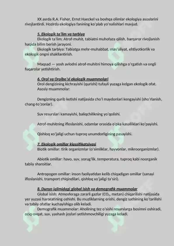 Ekologiya fanidan javoblar 2