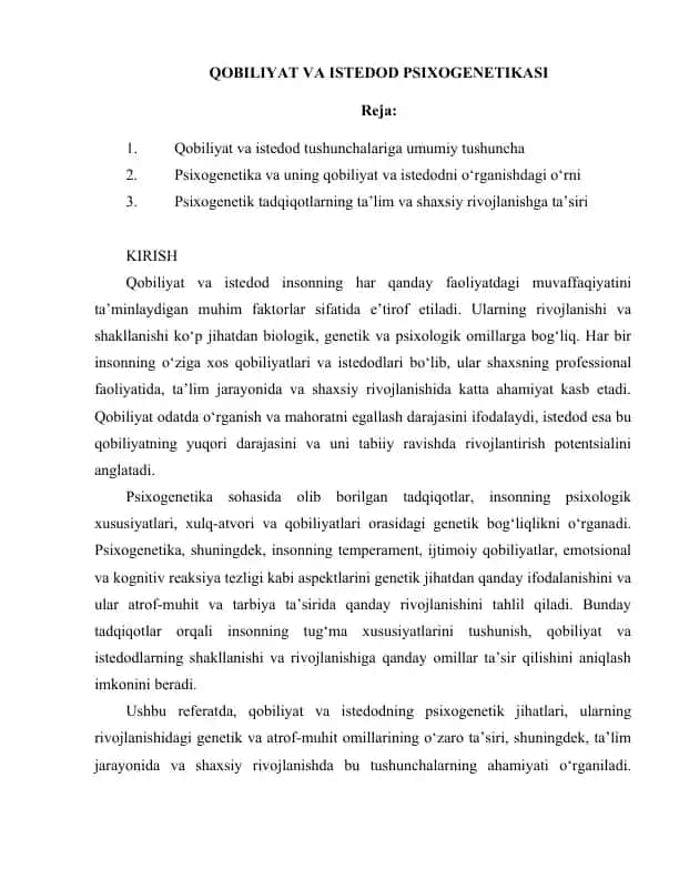 QOBILIYAT VA ISTEDOD PSIXOGENETIKASI 1