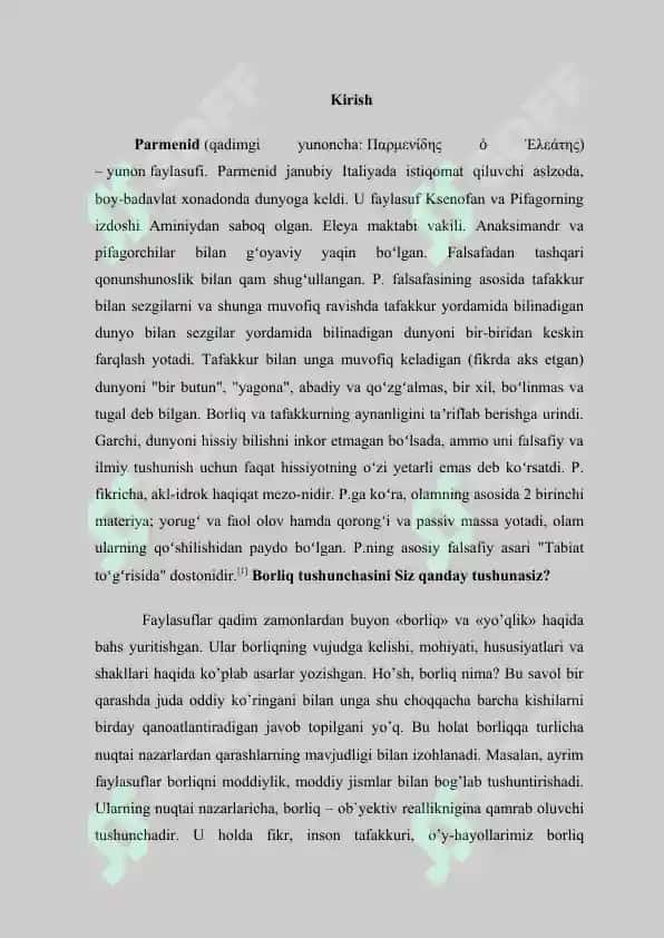 Parmenid va Melesning borliq haqidagi qarashlaridagi farqlar va umumiylikni aniqlash 2