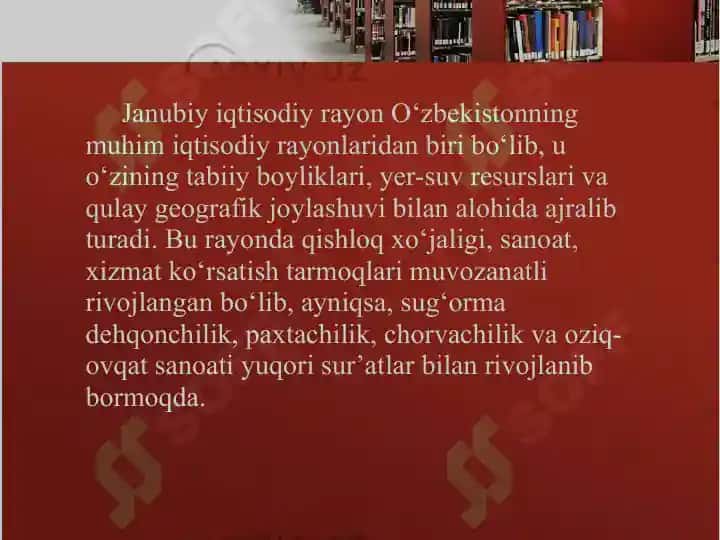 Janubiy iqtisodiy rayoniga umumiy ta’rif berish, tabiiy sharoiti va resurslarini xo‘jalik maqsadlarida baholash 4
