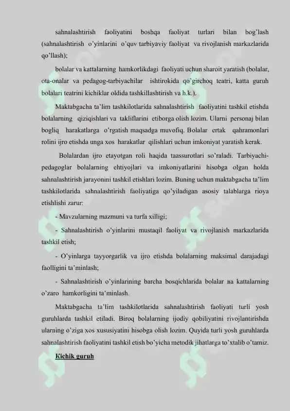 Maktabgacha ta’lim tashkiloti  turli yosh guruhlarida sahnalashtirish faoliyatining asosiy vazifalari 2