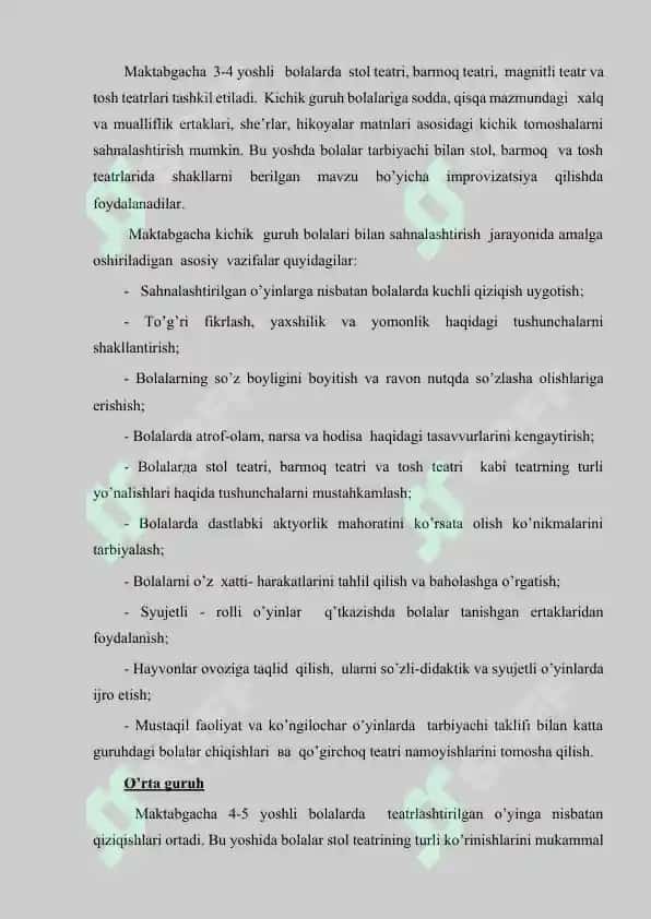 Maktabgacha ta’lim tashkiloti  turli yosh guruhlarida sahnalashtirish faoliyatining asosiy vazifalari 3